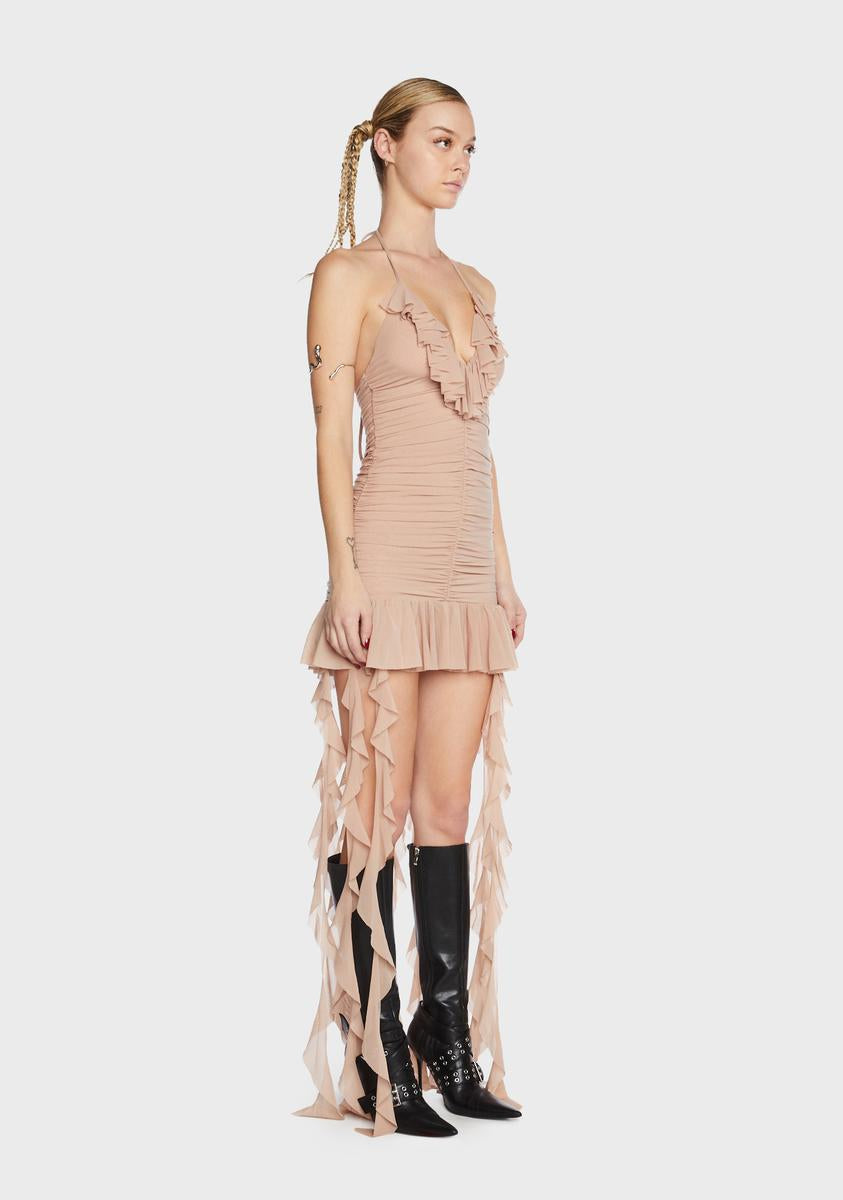 Beige Ruffle Trim Halter Mini Dress