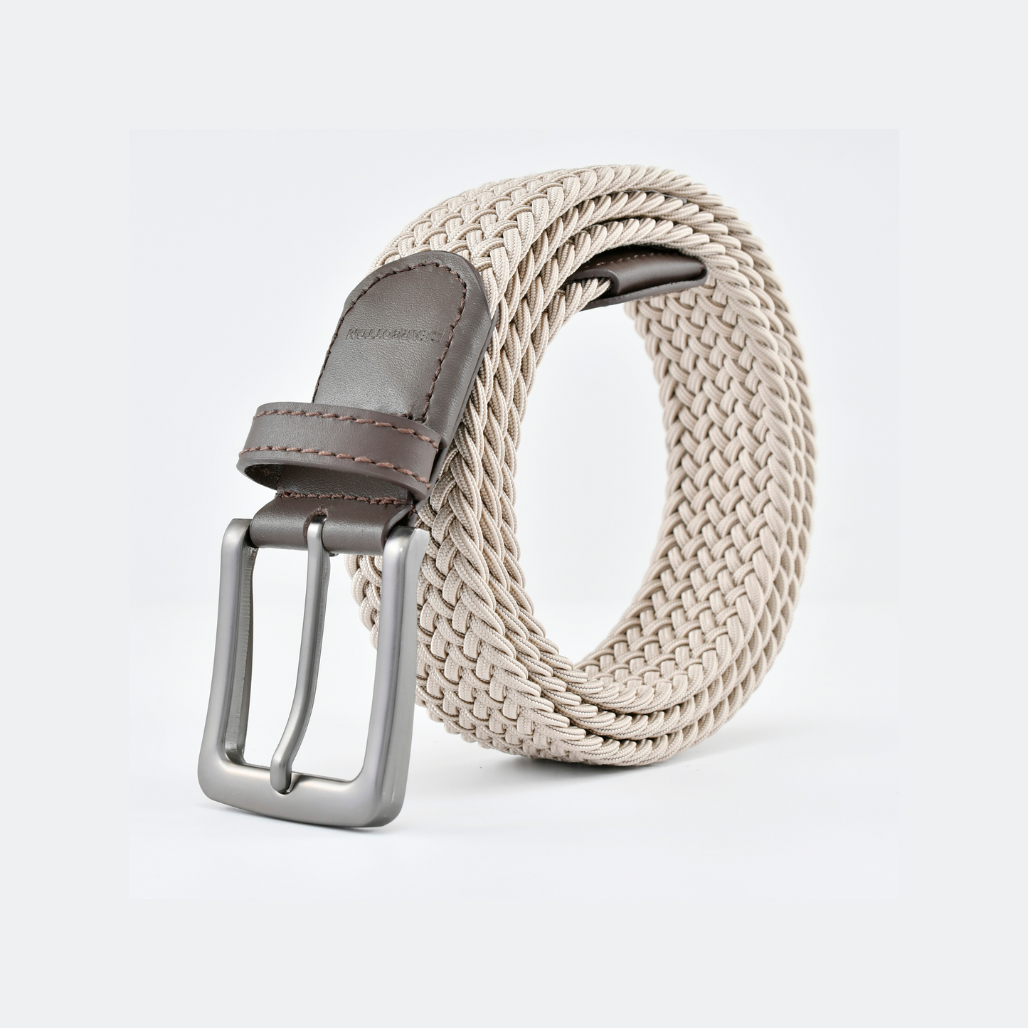Stretch Woven Belt Beige with Genuine Leather Trim and Debossed Logo