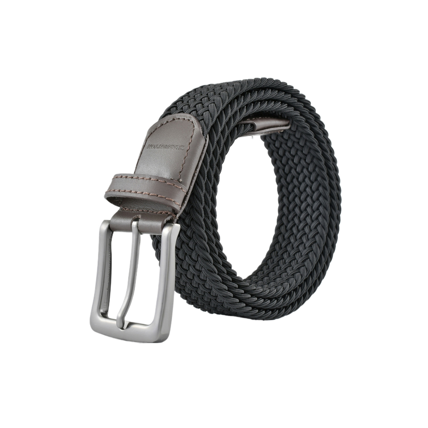 Stretch Woven Belt Black with Genuine Leather Trim and Debossed Logo