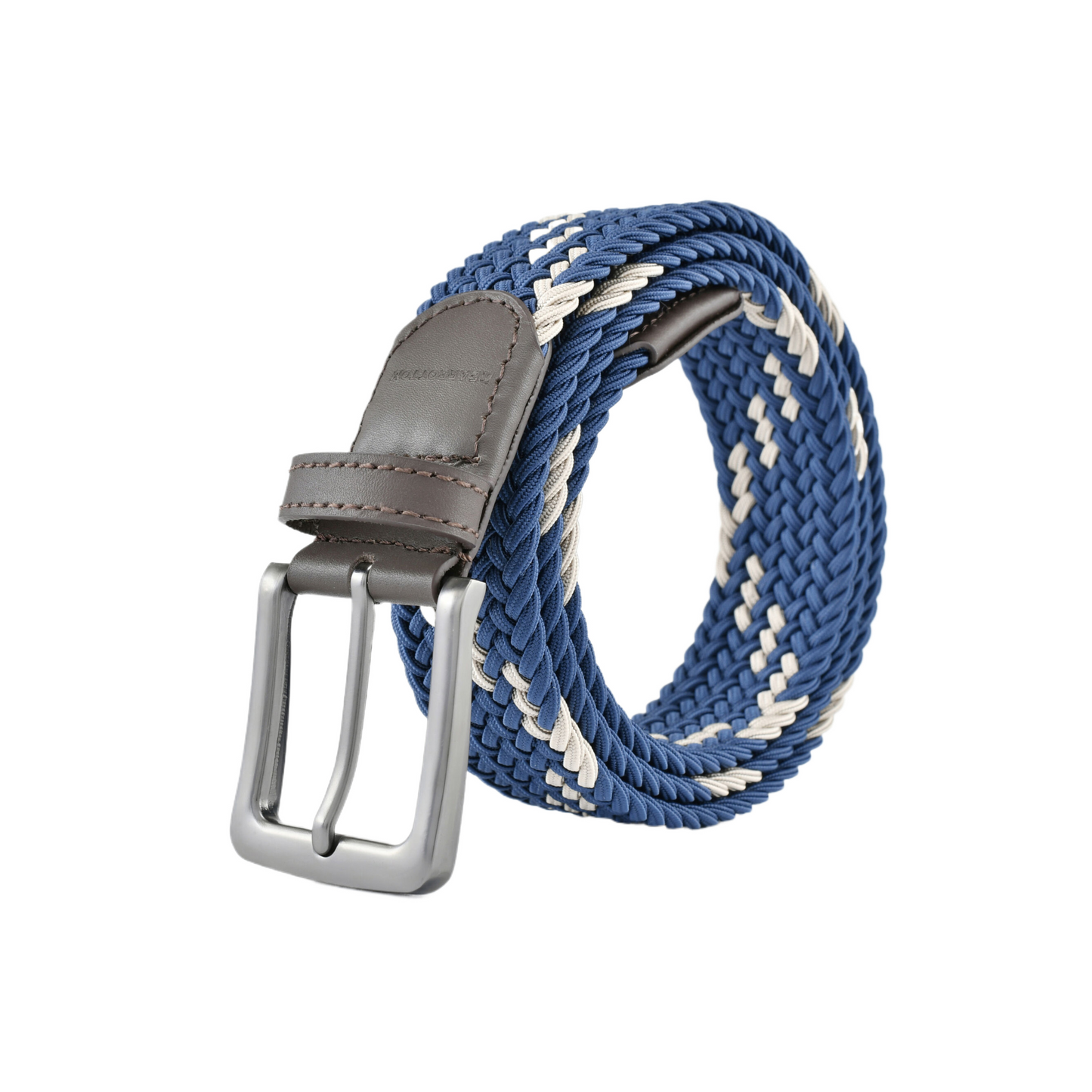 Stretch Woven Belt Navy and Beige with Genuine Leather Trim and Debossed Logo