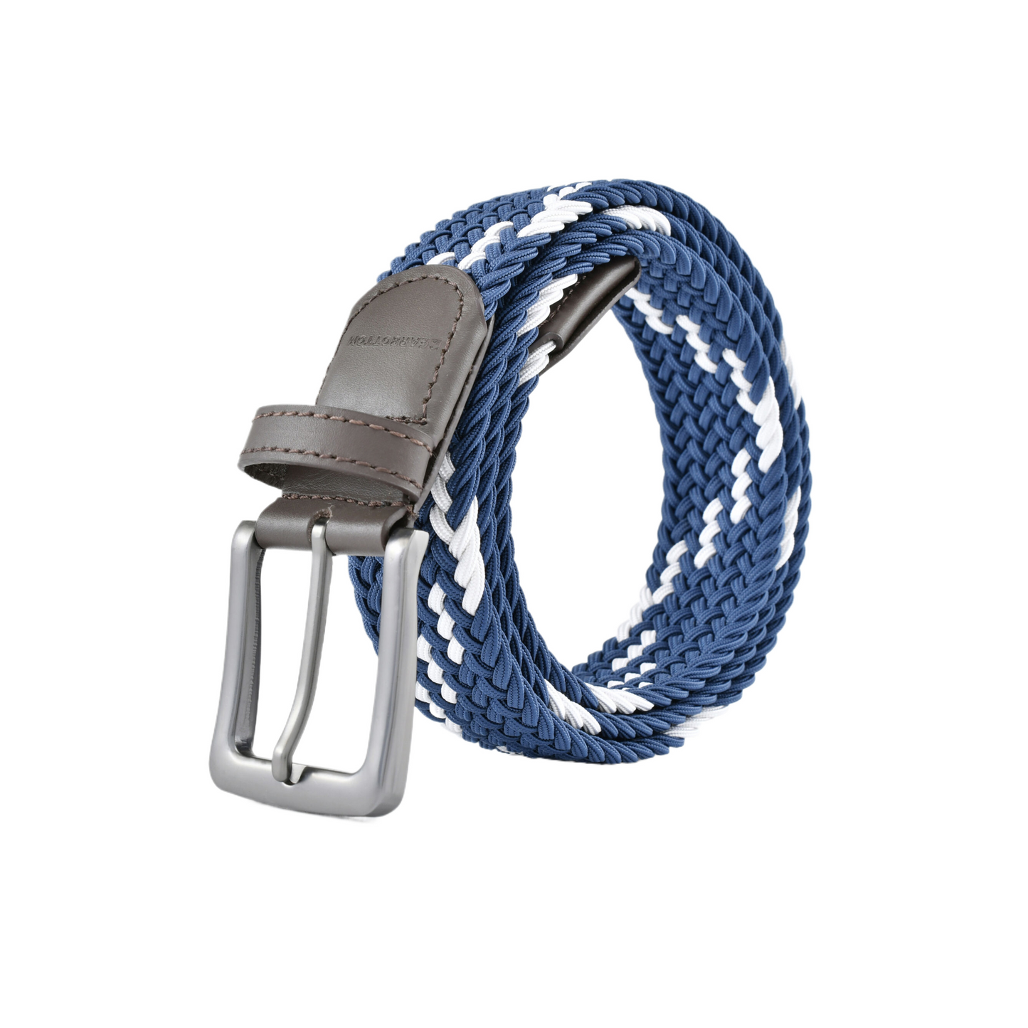 Stretch Woven Belt Navy and White with Genuine Leather Trim and Debossed Logo
