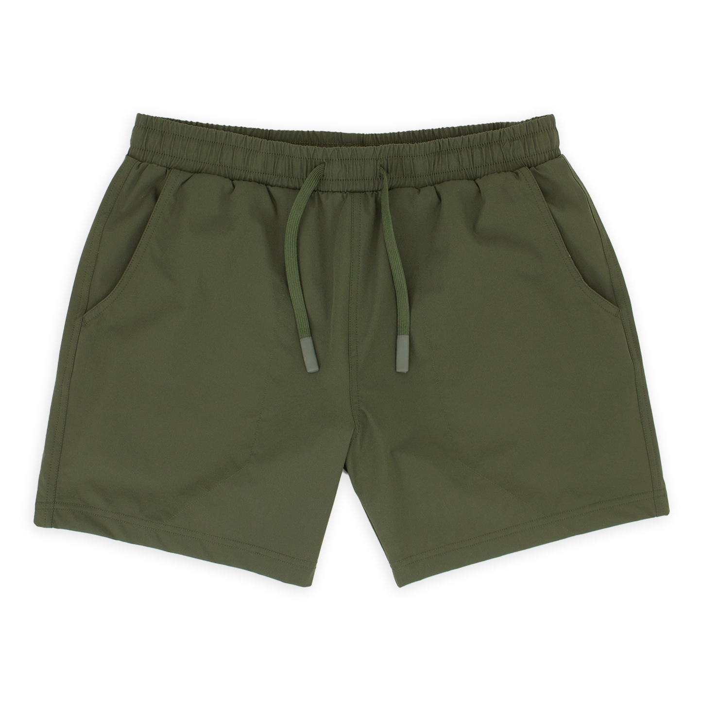 Base Short 5.5" Military Green front with elastic waistband, dyed-to-match flat drawstring with rubberized tips, and two seam pockets