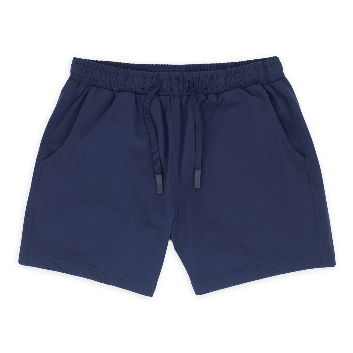 Base Short 5.5" Navy front with elastic waistband, dyed-to-match flat drawstring with rubberized tips, and two seam pockets