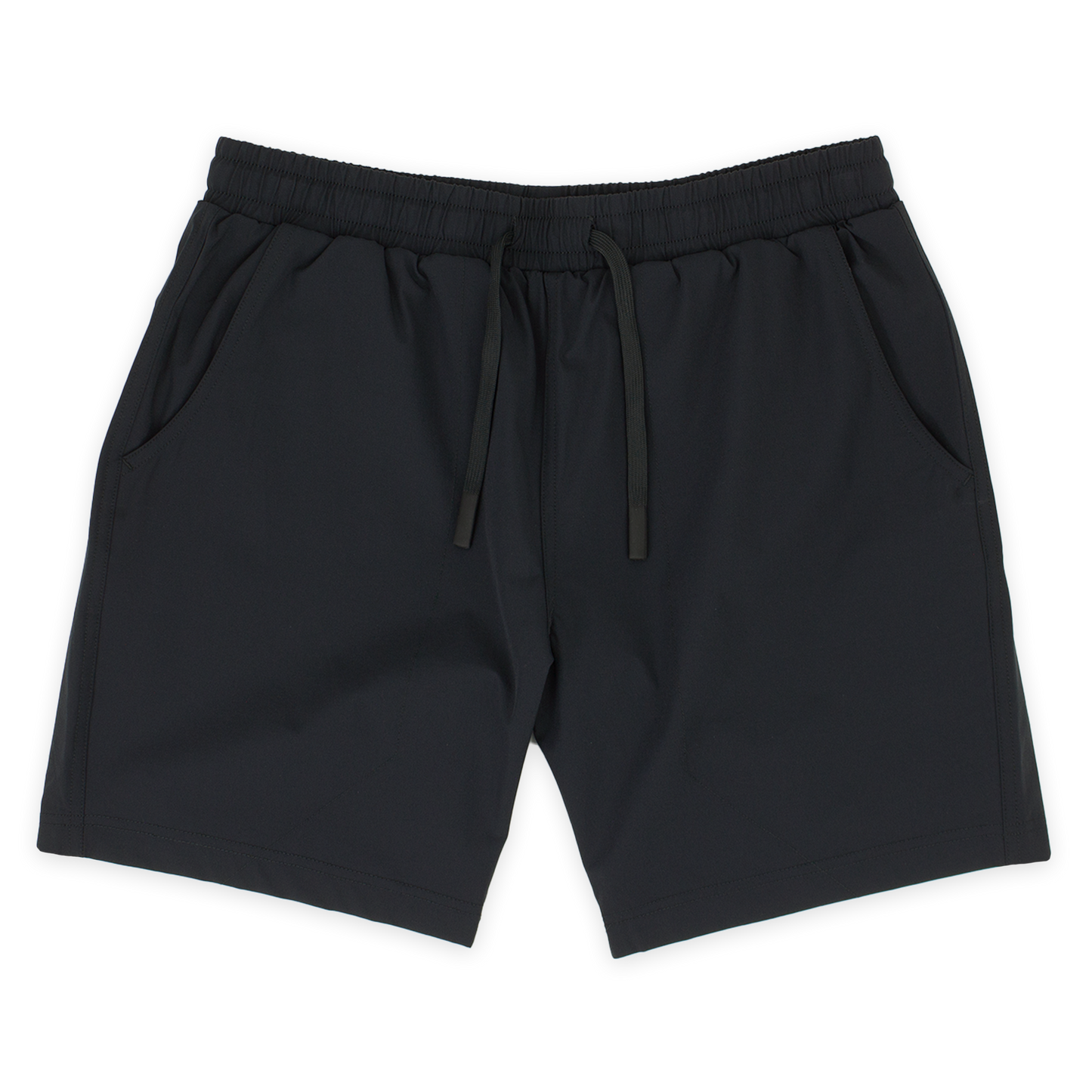 Base Short 7" Black front with elastic waistband, dyed-to-match flat drawstring with rubberized tips, and two seam pockets