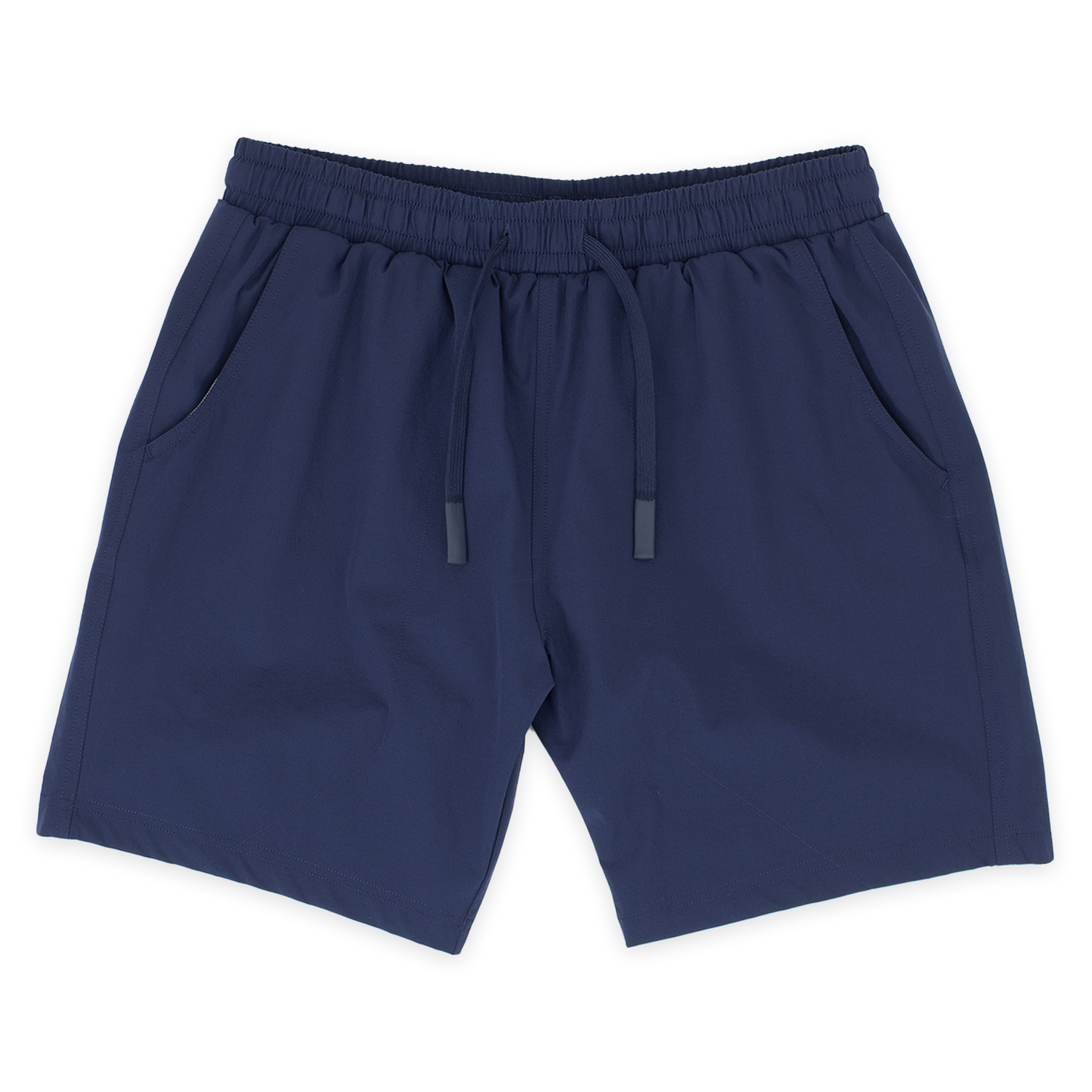 Base Short 7" Navy front with elastic waistband, dyed-to-match flat drawstring with rubberized tips, and two seam pockets