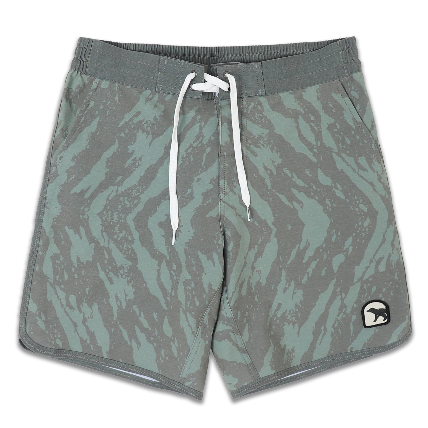 Board Short 8" Trail print in green with darker green splatters with flat front waistband and a white drawstring, elastic back waistband, and patch bear logo on bottom left leg