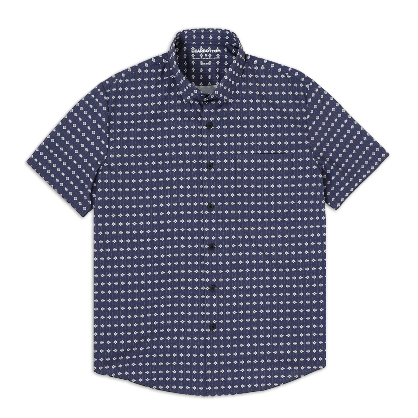 Cabana Shirt Mosaic, a navy blue with white geometric pattern, short sleeve button down collared shirt with a front left patch pocket