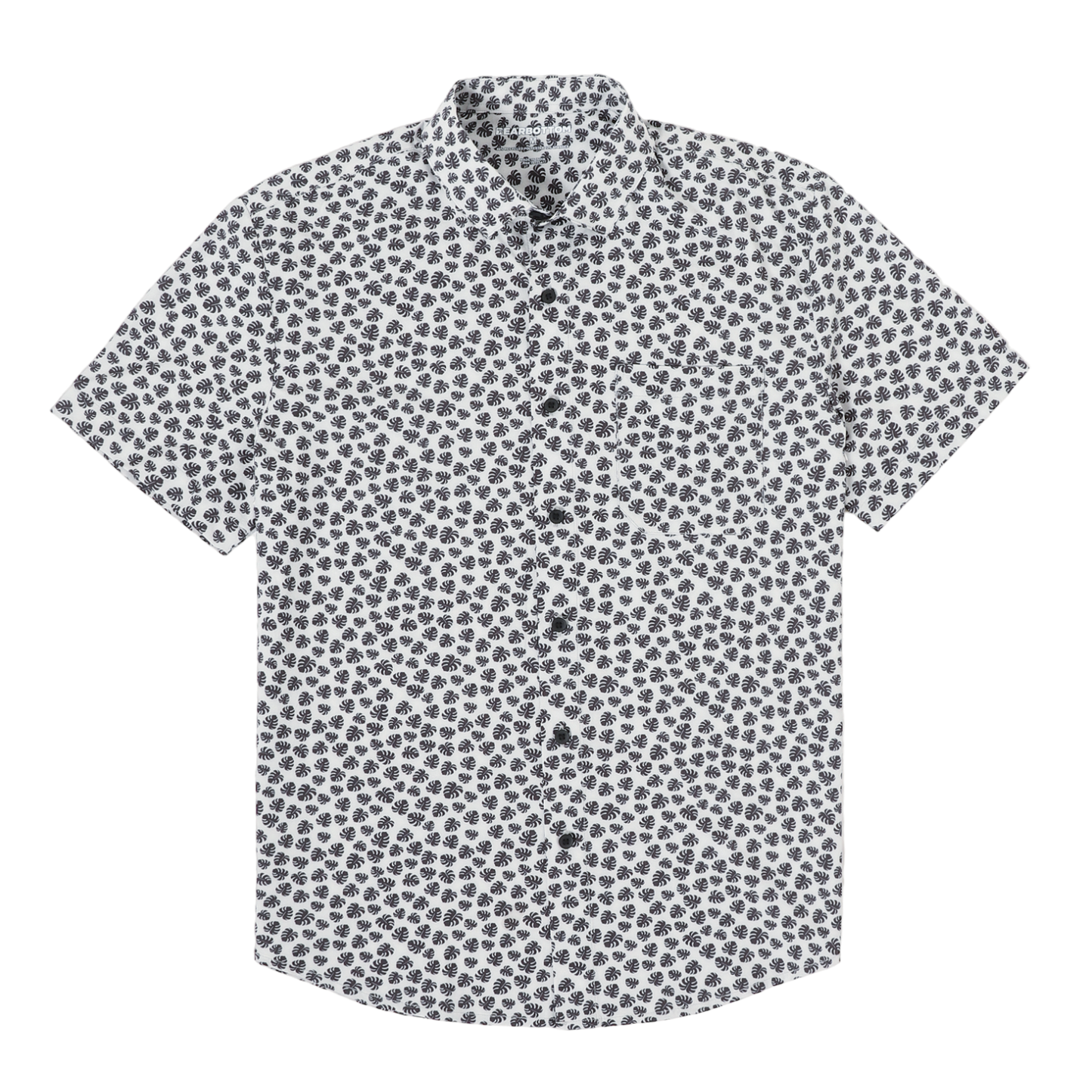 Cabana Shirt Monstera front a white print with small black monstera leaves on a short sleeve button down collared shirt with a front left patch pocket