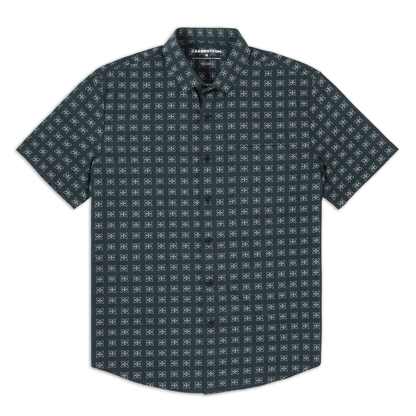 Cabana Shirt Mosaic front a dark grey print with white small mosaic pattern on a short sleeve button down collared shirt with a front left patch pocket