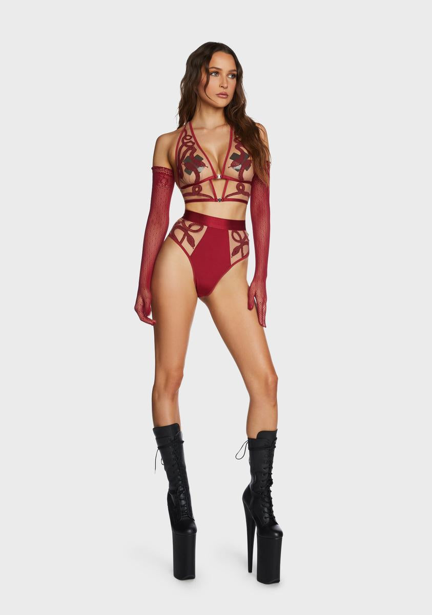 Dark Red Medusa Embroidered Bralette