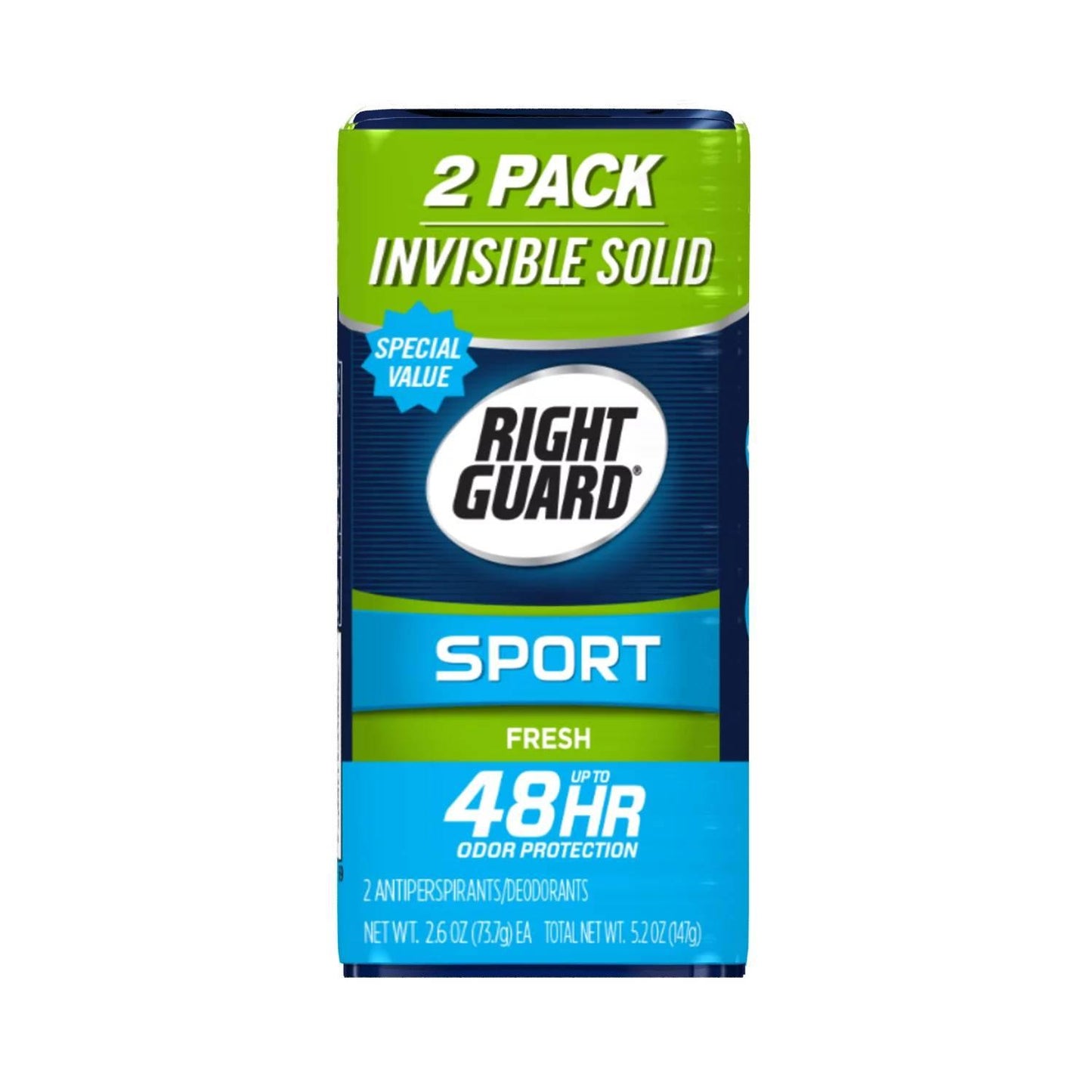 Right Guard Sport Antiperspirant Deodorant Invisible Solid Stick, Fresh Twin Pack 5.2 Oz