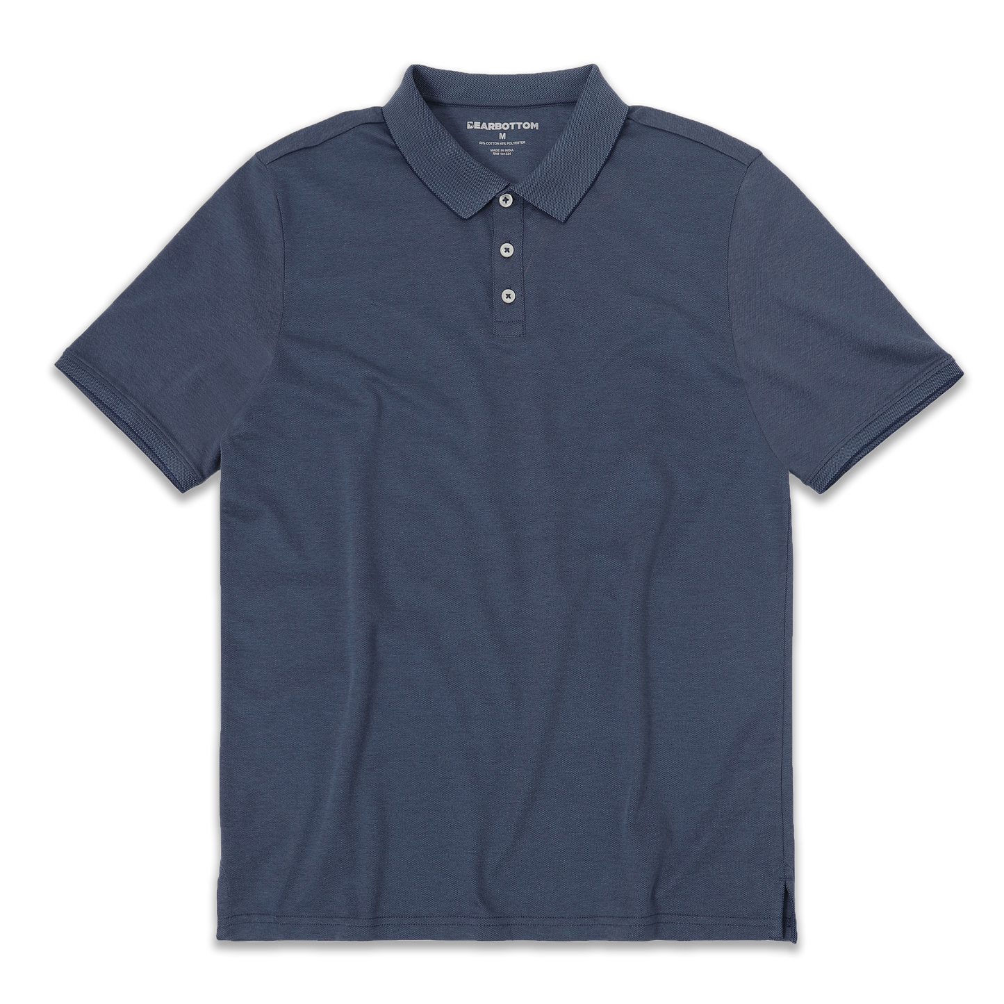 Range Polo Navy front with ribbed collar, ribbed short sleeves, and 3 white buttons