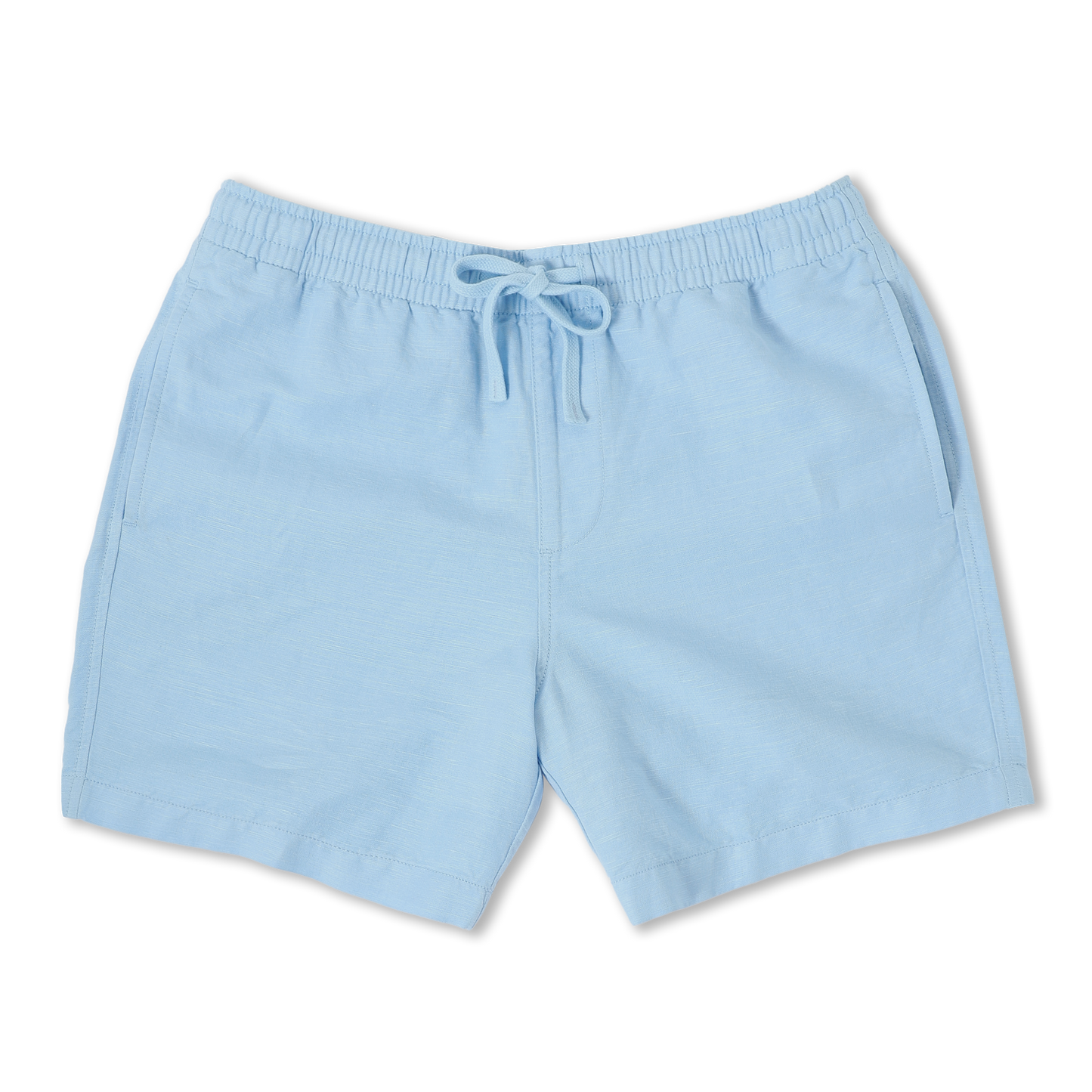 Retreat Linen Short Cool Blue front with an elastic waistband, two side seam pockets, faux fly, and dyed to match drawstring