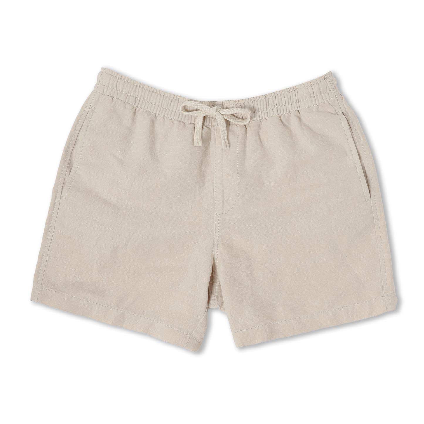 Retreat Linen Short Beige front with an elastic waistband, two side seam pockets, faux fly, and dyed to match drawstring
