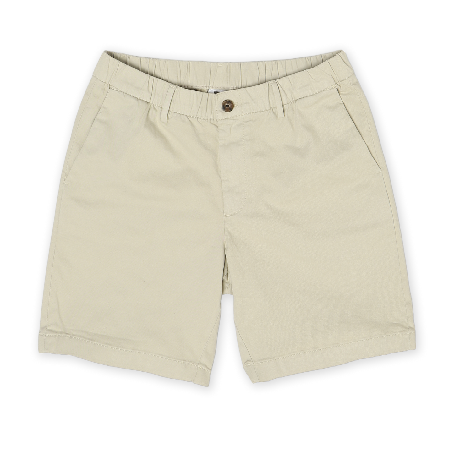 Stretch Chino Short 5.5" in Stone front with elastic waistband, belt loops, buttoned fly, and two slant pockets