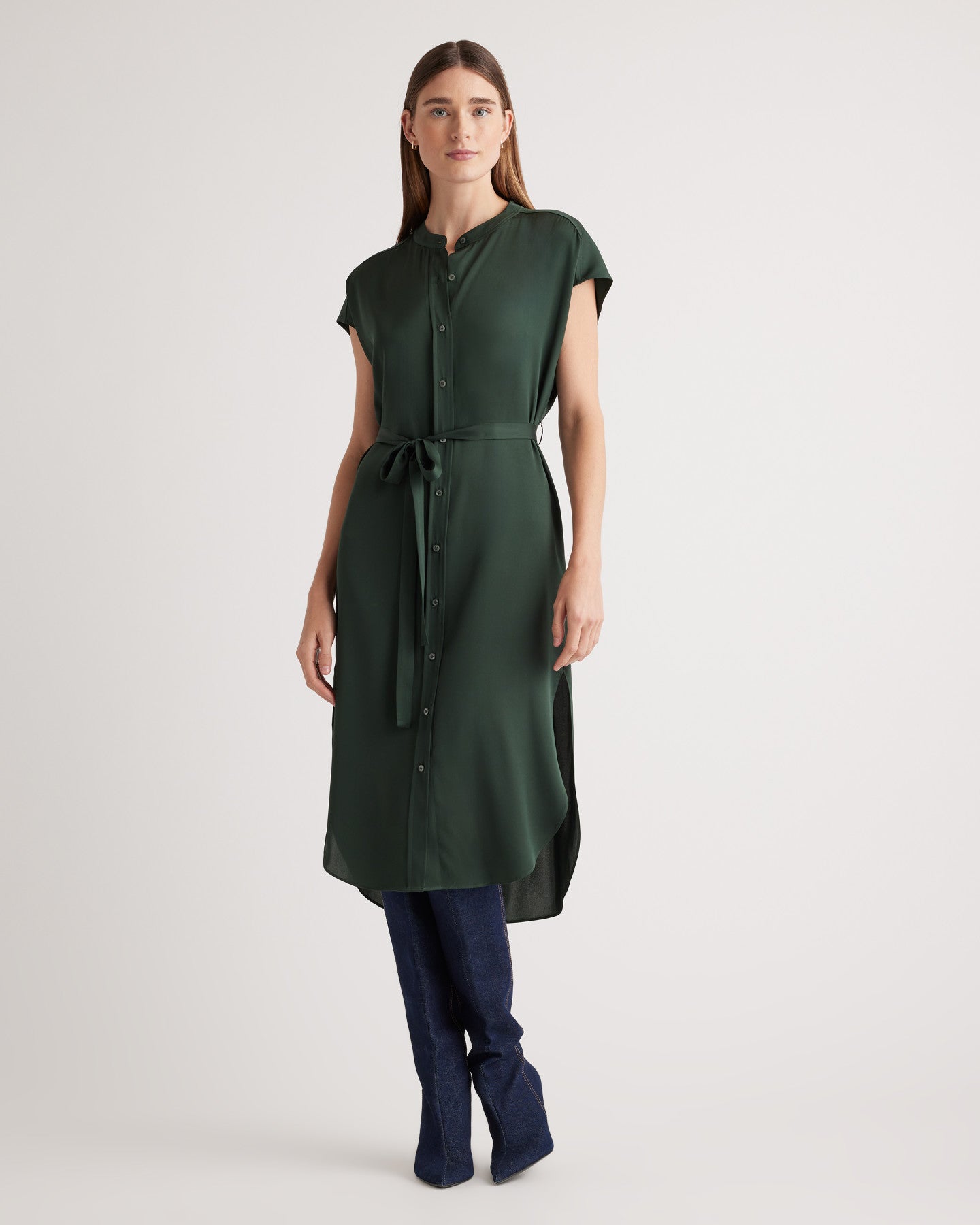 Washable Stretch Silk Midi Shirt Dress