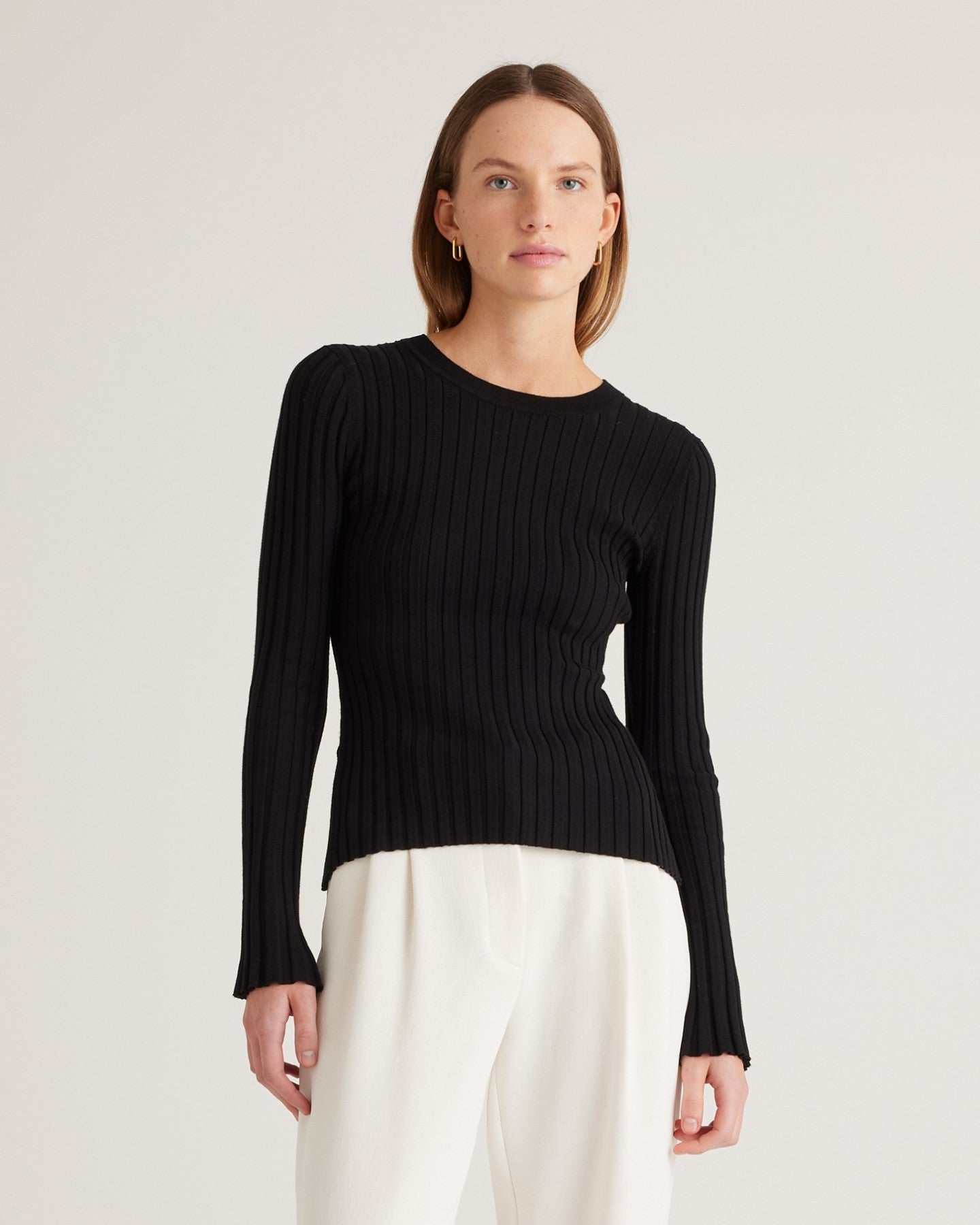 Cotton Cashmere Ribbed Long Sleeve Sweater