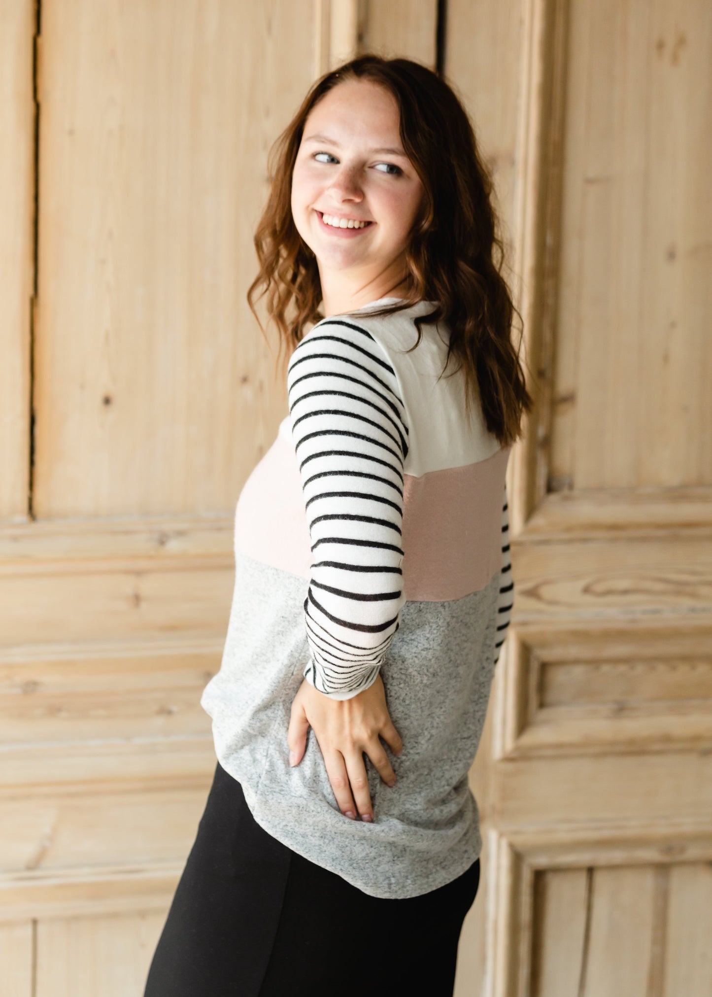 Blush + Gray Color Block Striped Top