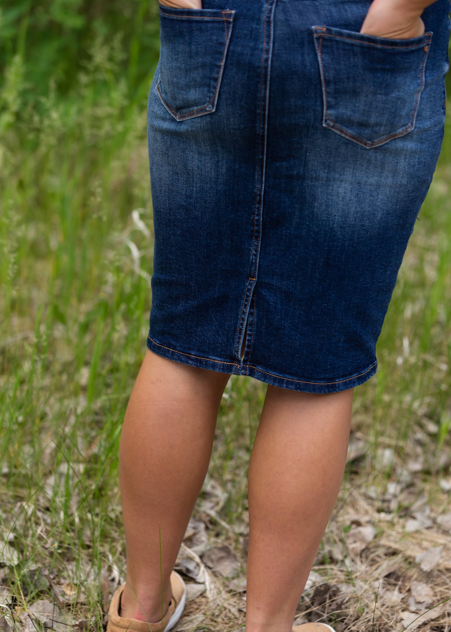 Copper Button Denim Midi Skirt