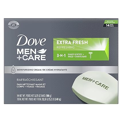 DOVE MEN + CARE Bar 3 in 1 Cleanser for Body, Face, and Shaving to Clean and Hydrate Skin Extra Fresh Body and Facial Cleanser More Moisturizing Than Bar Soap 3.75 oz 14 Bars