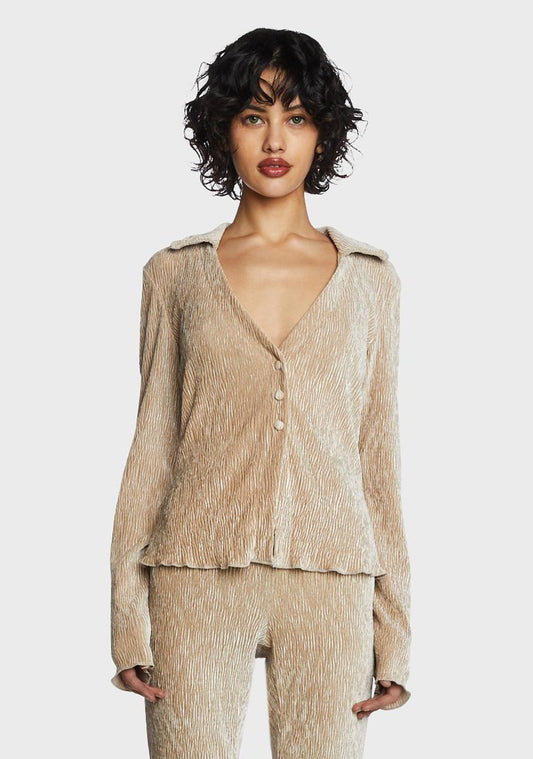 Beige Plisse Knit Collared Shirt
