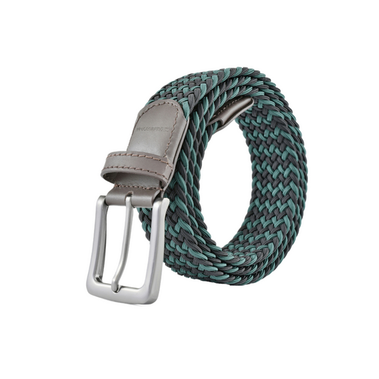 Stretch Woven Belt Black and Green with Genuine Leather Trim and Debossed Logo