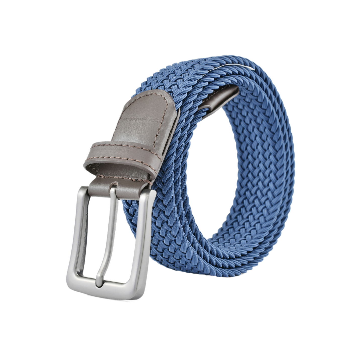 Stretch Woven Belt Blue with Genuine Leather Trim and Debossed Logo