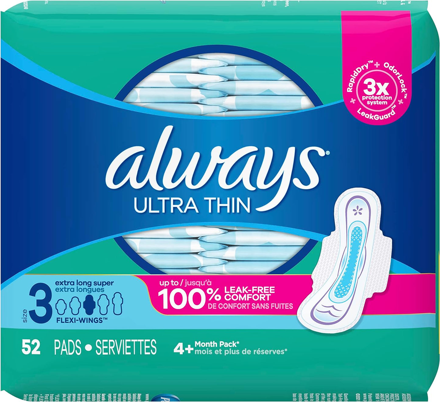 Always, Ultra Thin Pads For Women, Size 2, Long Super Absorbency With Wings, 58 Count