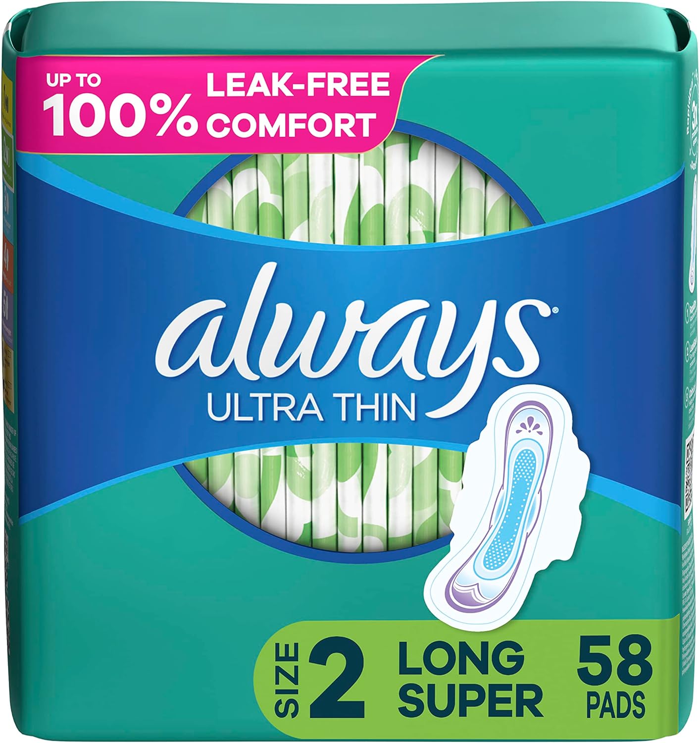 Always, Ultra Thin Pads For Women, Size 2, Long Super Absorbency With Wings, 58 Count