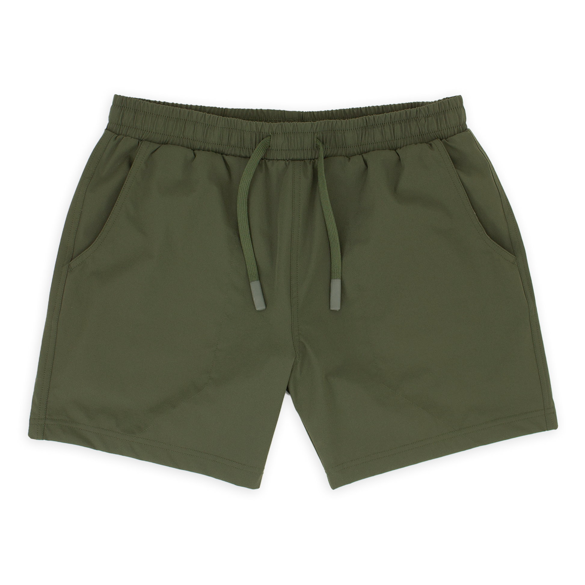 Base Short 5.5" Military Green front with elastic waistband, dyed-to-match flat drawstring with rubberized tips, and two seam pockets