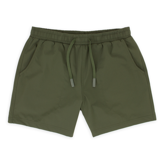 Base Short 5.5" Military Green front with elastic waistband, dyed-to-match flat drawstring with rubberized tips, and two seam pockets