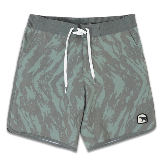 Board Short 8" Trail print in green with darker green splatters with flat front waistband and a white drawstring, elastic back waistband, and patch bear logo on bottom left leg