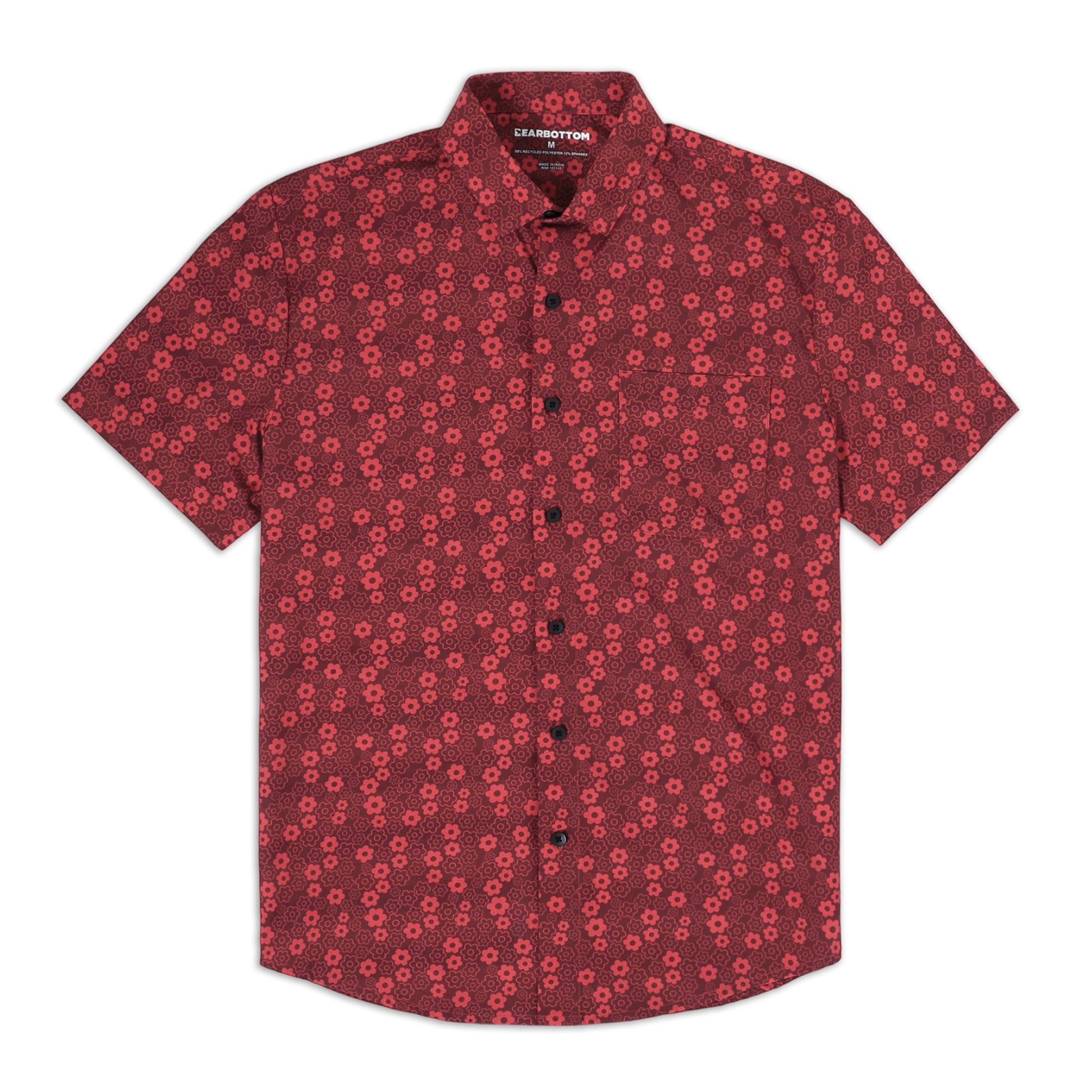 Cabana Shirt Poppy a red print with small darker and lighter poppy flowers on a short sleeve button down collared shirt with a front left patch pocket