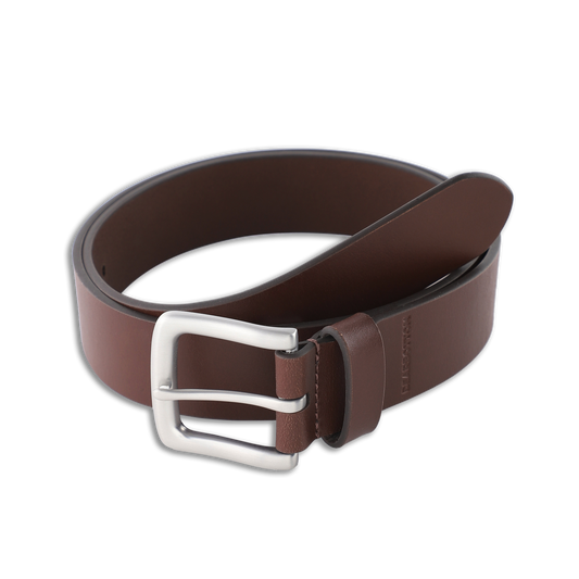 Daily Leather Belt Medium Brown with nickel prong enclosure and embossed Bearbottom below loop