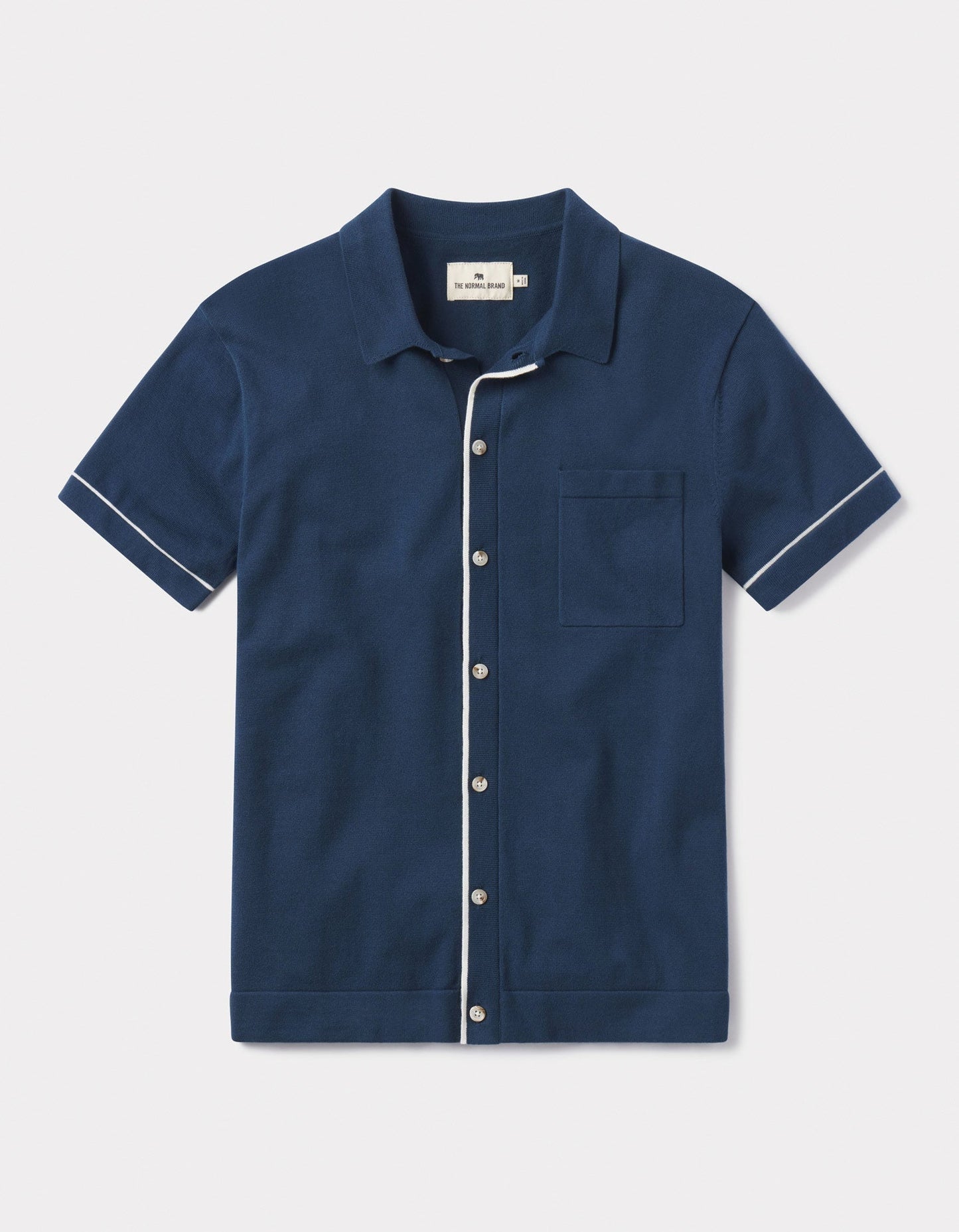 Robles Knit Button Down in Navy-Cream Laydown