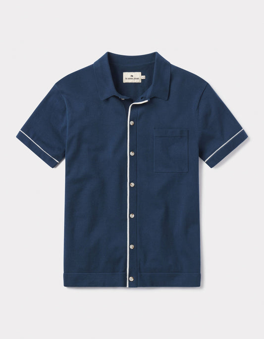 Robles Knit Button Down in Navy-Cream Laydown