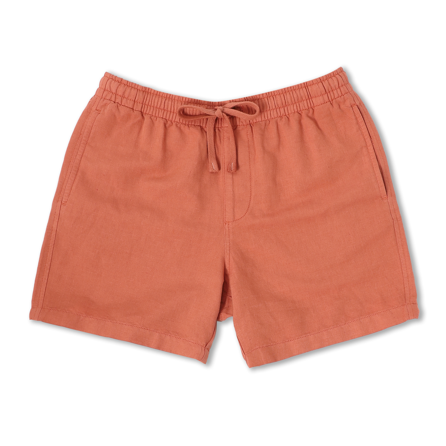 Retreat Linen Short Clay front with an elastic waistband, two side seam pockets, faux fly, and dyed to match drawstring