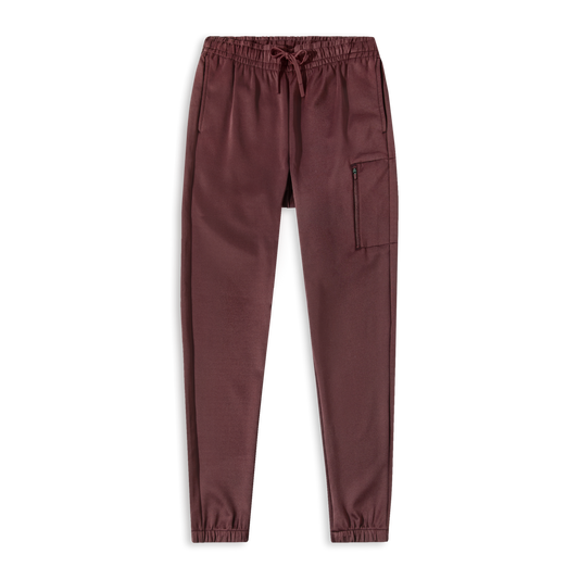 Scuba Jogger Maroon front with thigh zipper pocket and ribbed cuffs