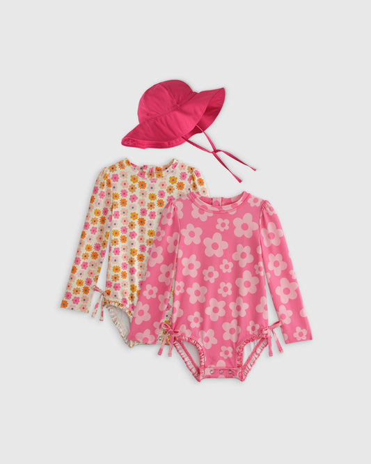 Sunsafe Ruffle One-Piece Rash Guard & Hat Set