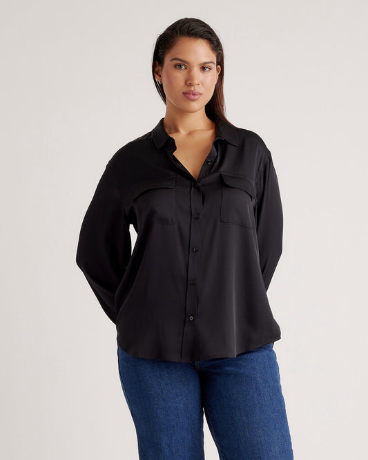 Washable Stretch Silk Utility Long Sleeve Blouse
