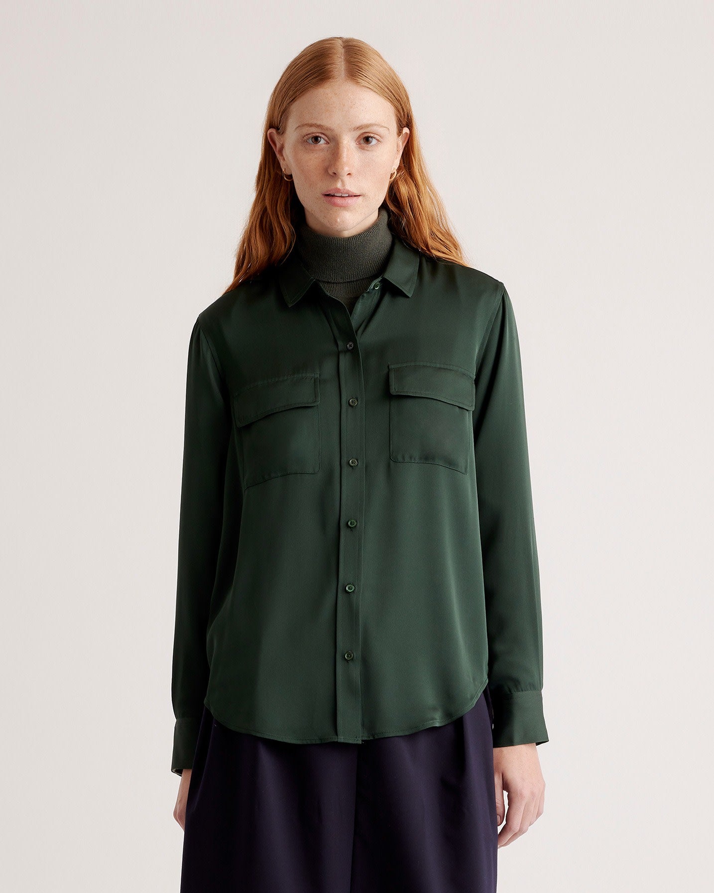 Washable Stretch Silk Utility Long Sleeve Blouse