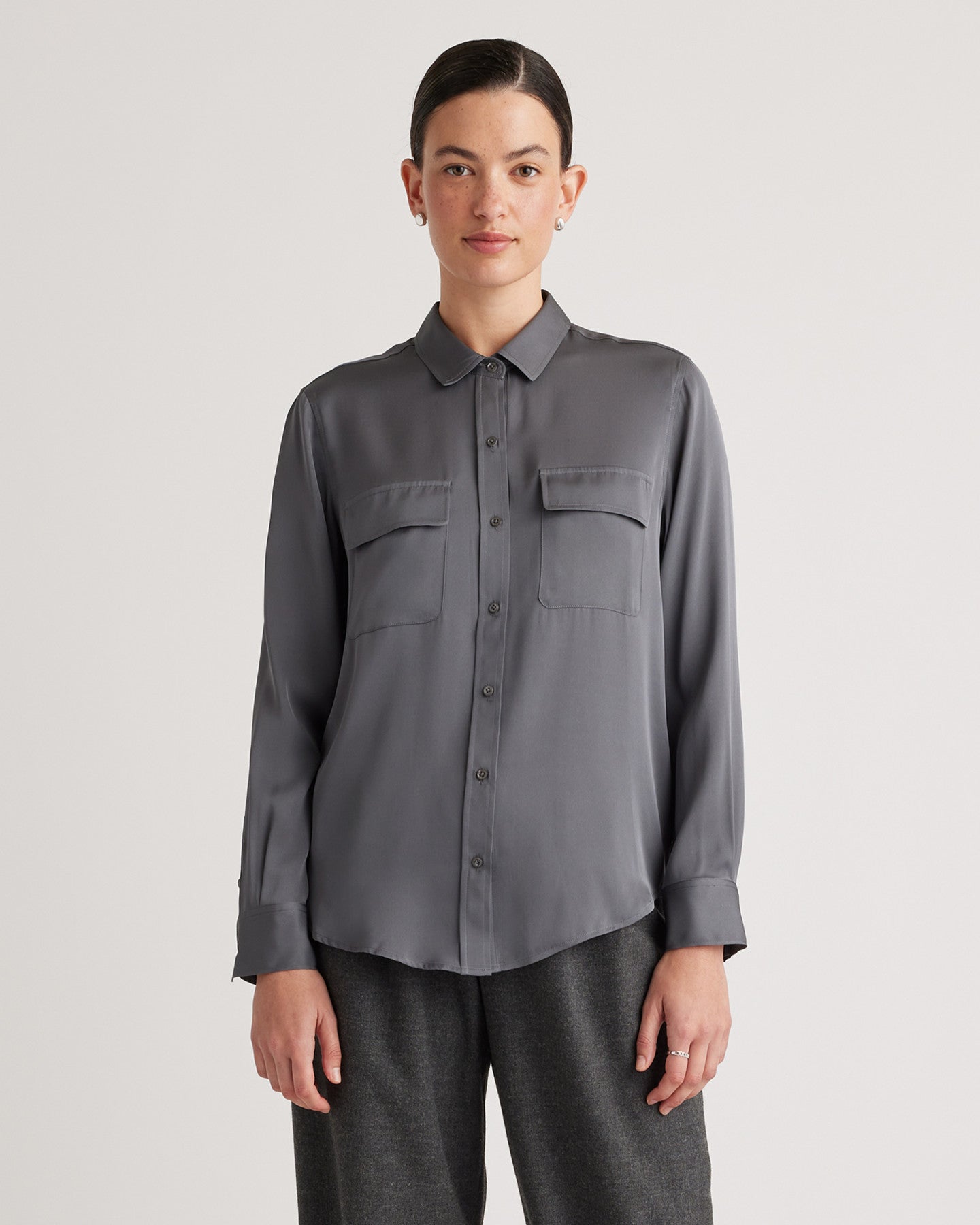 Washable Stretch Silk Utility Long Sleeve Blouse
