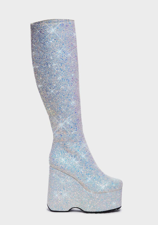 White Glitter Stardom Platform Boots