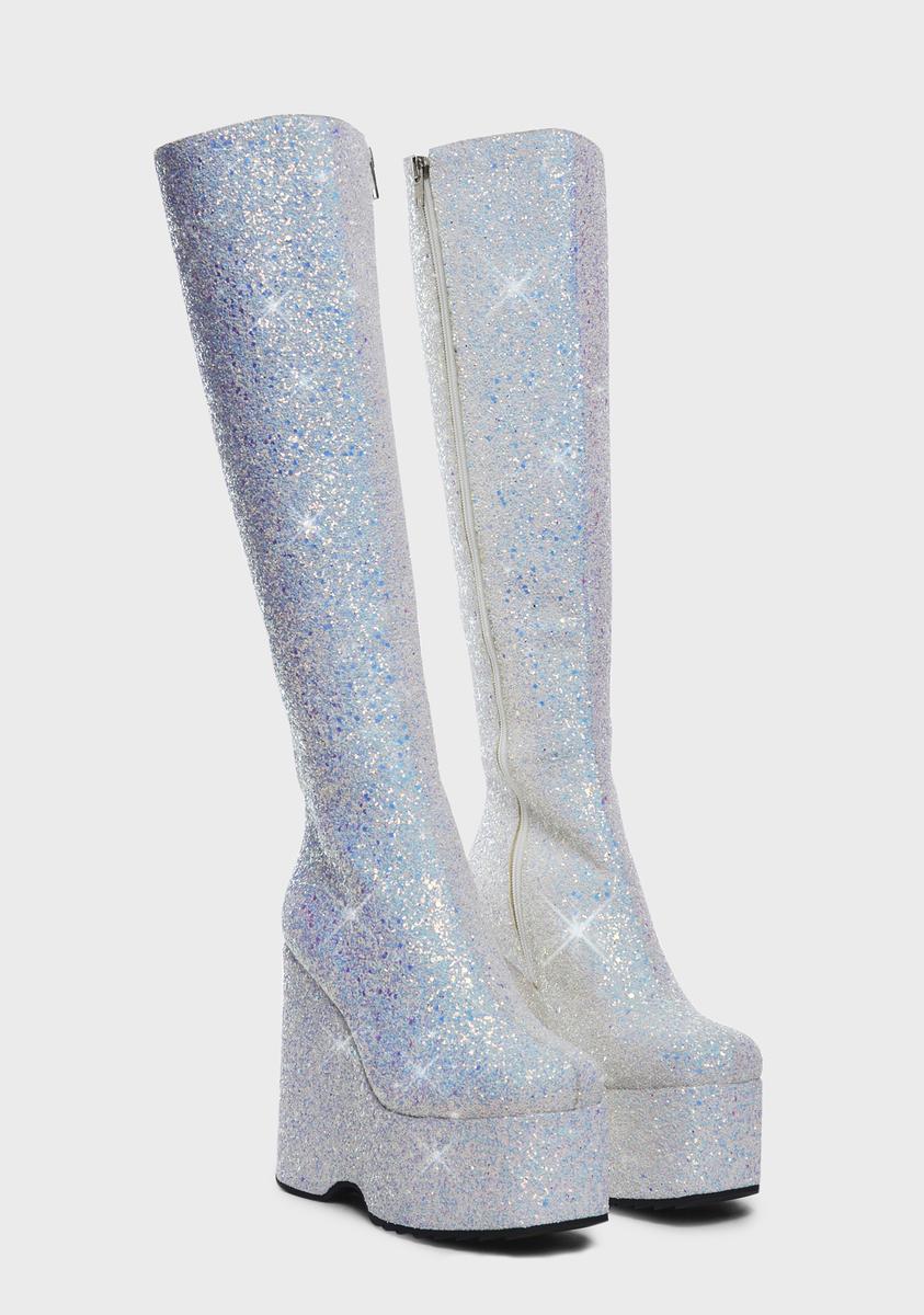 White Glitter Stardom Platform Boots