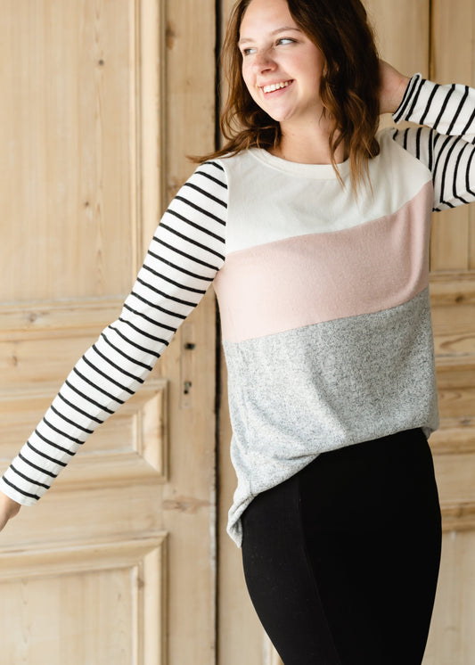 Blush + Gray Color Block Striped Top
