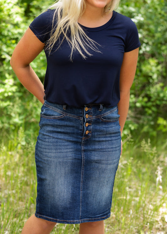 Copper Button Denim Midi Skirt