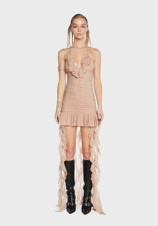 Beige Ruffle Trim Halter Mini Dress